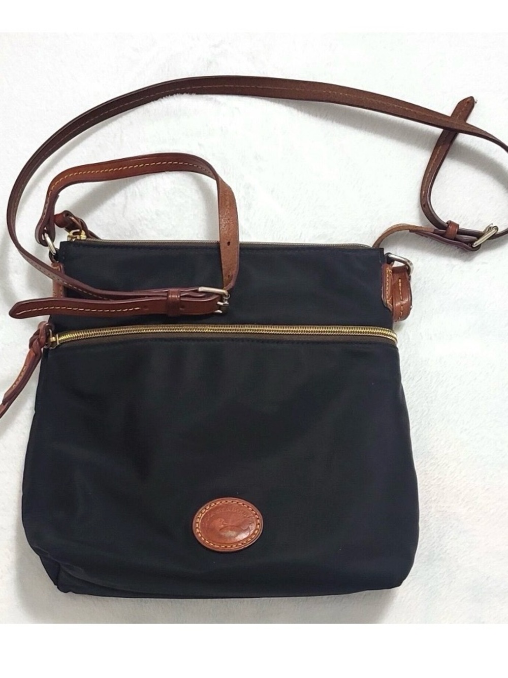 Dooney & Bourke Black Crossbody with Brown Leather Trim and Gold Hardware